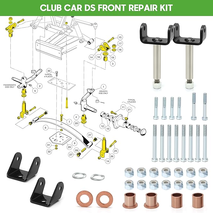 10L0L Golf Cart Repair Bushing Kits - Golf Cart Front Rear End Repair Bushing Kits for Club Car DS 1993 Up - Front Suspension Upper/Lower Rear Kit with Leaf Spring Bushings Sleeve Kit