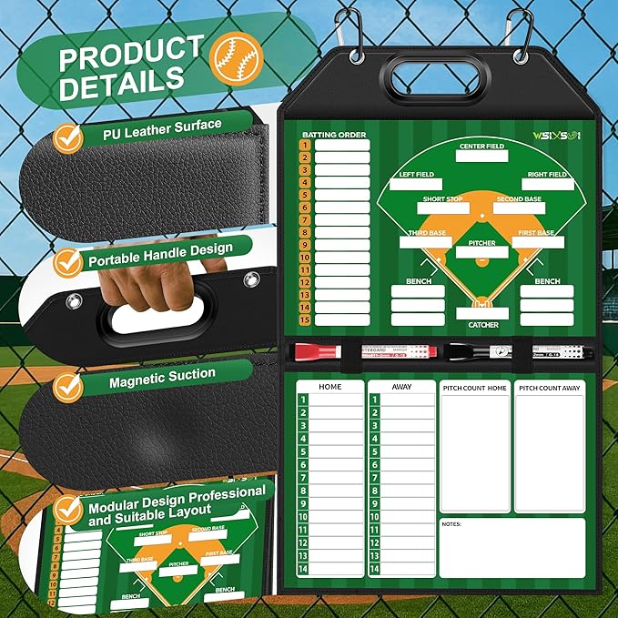Magnetic Baseball Lineup Board for Dugout | Professional Baseball/Softball Clipboard for Coaches, Foldable | Leather Cover | Carry Handle | Detachable Scoreboard | 30 Lineup Cards