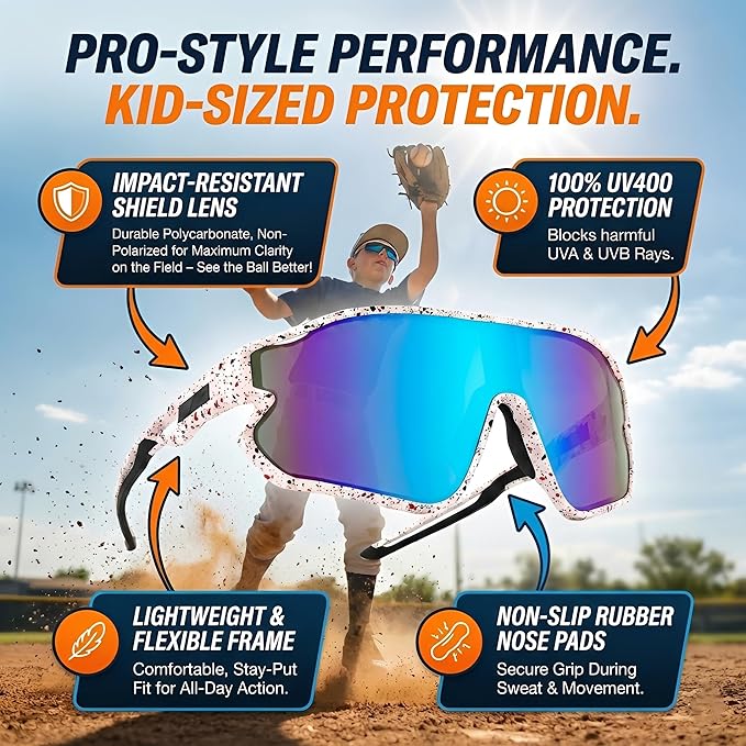 Kids Baseball Sunglasses - Youth Baseball Sunglasses for Boys Girls - Sports Softball Shades Age 6-14