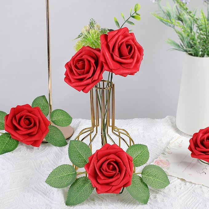 AmyHomie 25pcs Real Looking Artificial Red Roses w/Stem - Image 3