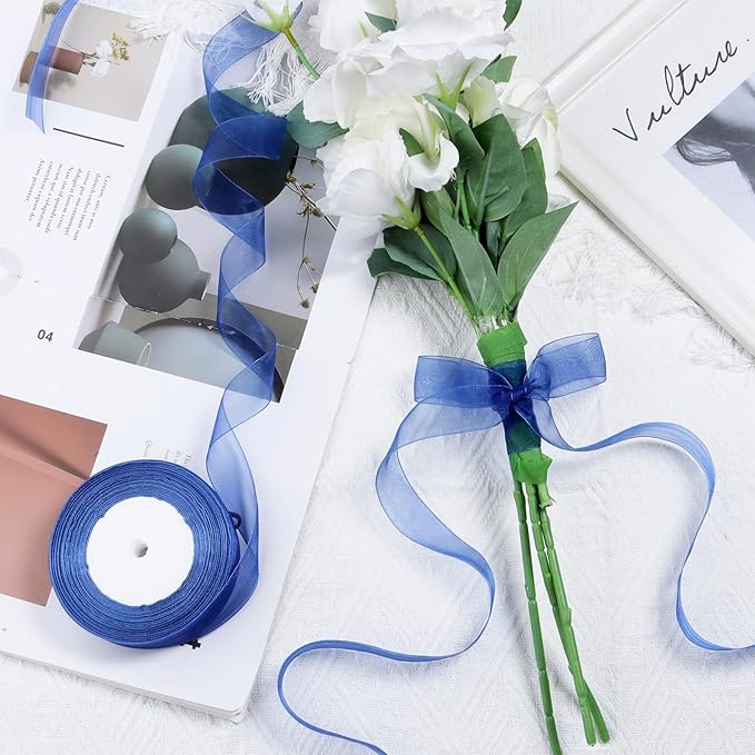 Ribbon for Gift Wrapping 3/4 inch Blue Sheer Organza Ribbon for Flower Bouquet - Image 4