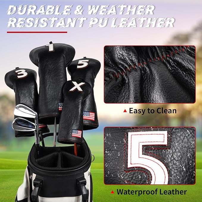 Golf Head Covers, US Flag Patriotism Golf Club Cover for Woods and Driver, Fairway, Hybrid - Premium Leather Golf Club Head Covers with Interchangeable Tags