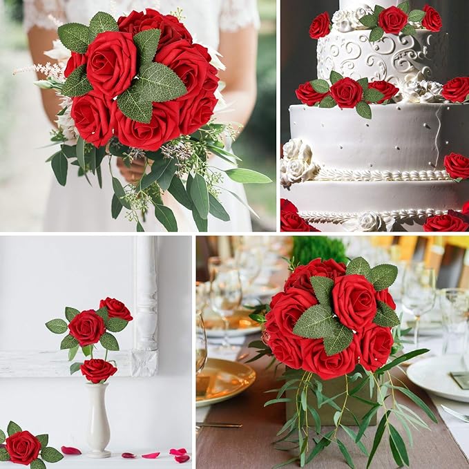 AmyHomie Artificial Flower Dark Red Rose 25pcs Real Looking Fake Roses w/Stem - Image 6
