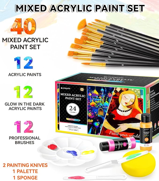 40 PCS Classic & Glow in the Dark Acrylic Paint Set - Image 3