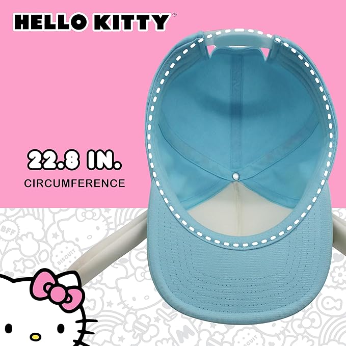 Hello Kitty Baseball Cap, Women's Snapback Hat with Flat Brim and 3D Ribbon and Ears