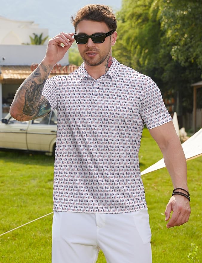 HUURAY Funny Golf Polos for Men Funny Print Short Sleeve Shirts Quick Dry Polo Shirts Hawaiian Shirt Performance Golf Outfits