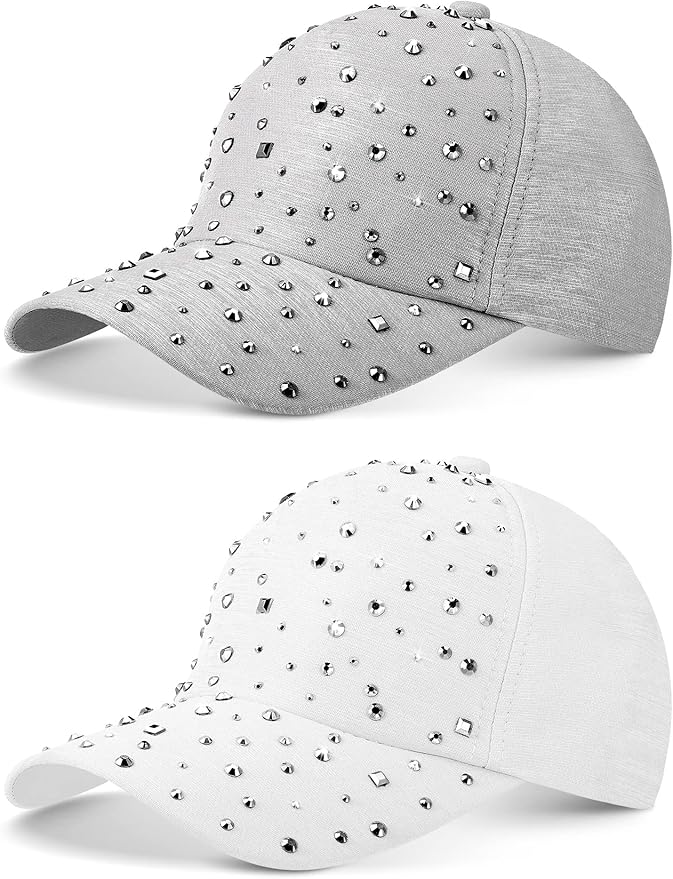 Loopeer 2 Pcs Adjustable Breathable Rhinestone Baseball Cap for Women Men Sequins Casual Sports Cap Rhinestone Hat