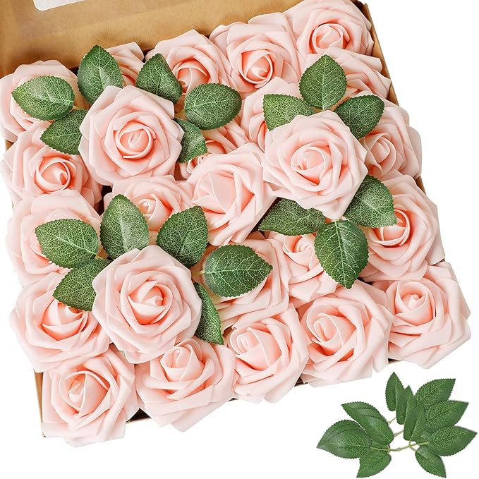AmyHomie Artificial Flowers Blush Pink Rose 100pcs Real Looking Fake Roses by AmyHomie