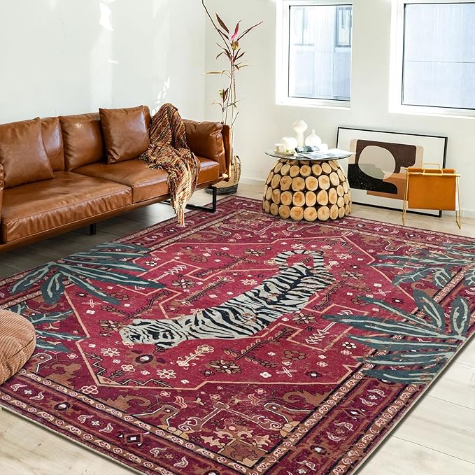 Tribal Rugs Washable Summer Tropical 3x5 Throw Carpet Wine Red Traditional Boho - Image 2