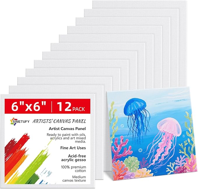 Simetufy Small Painting Canvas Panels 6x6 Inch, 12 Value Pack - 8 Oz Triple by Simetufy