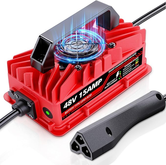 15 Amp 48 Volt Golf Cart Battery Charger for EZGO RXV & TXT - 3-Pin Triangular Plug, Smart Charger for Lead-Acid Batteries, IP67 Waterproof, Multi-Protection, Unique Design (Red)