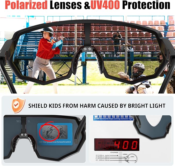 X-TIGER Polarized Youth Baseball Sunglasses UV400 Kids Sunglasses Boys Girls 8-12 Youth for Softball Cycling Sports Glasses