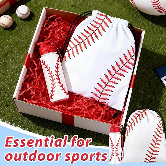 Olgaa 12 Pcs Baseball Party Favors Include 6 Pcs Water Bottle 20 oz 6 Pcs Drawstring Bag Sports Themed Reusable Drink Bottles Bulk Accessories for Players Lovers Team Gifts (Baseball)