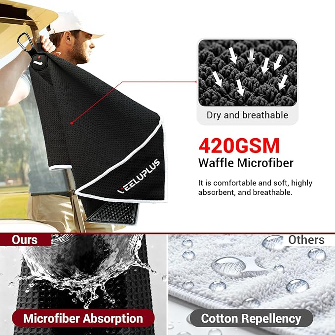 4-in-1 Magnetic Golf Towel with Brush & Cleaning Pocket - Premium Construction Golf Towel- Super Strong Golf Club Cleaner- Microfiber Waffle Design-15.7" X 23.6" Golf Accessories and Gifts for Men