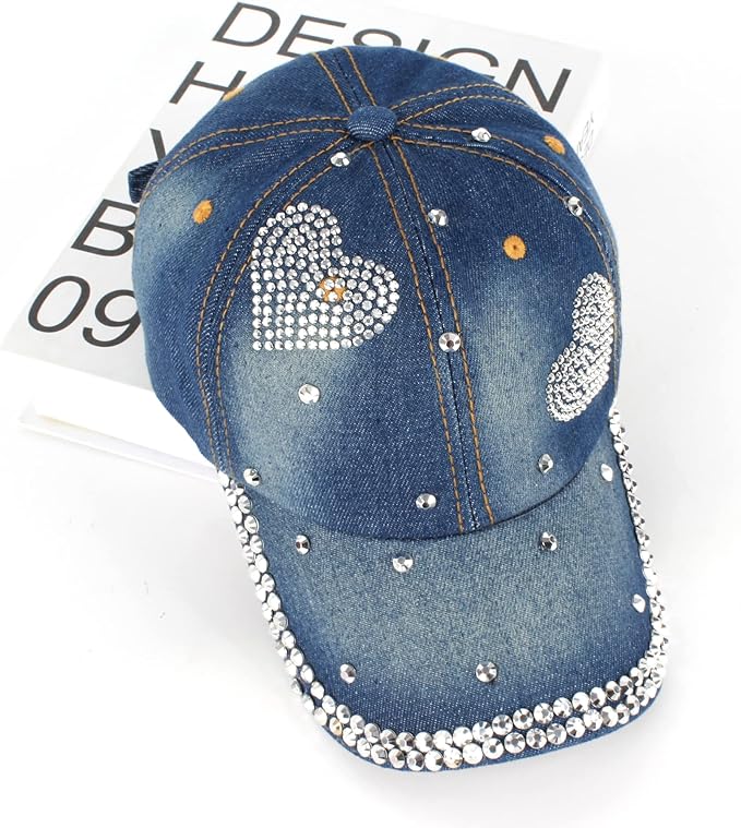 Hoce Fashion Rhinestone Denim Baseball Cap Studded Bling Hat for Women