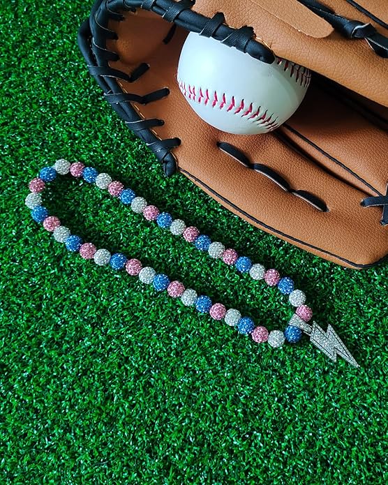 Baseball Necklace for Men 16/18/20 Inch Bling Ice Collection Lightning Bolt Pendant Necklace for Women Rhinestone Clay Beaded Discoball Accessories Gifts for Baseball Team Players Lovers