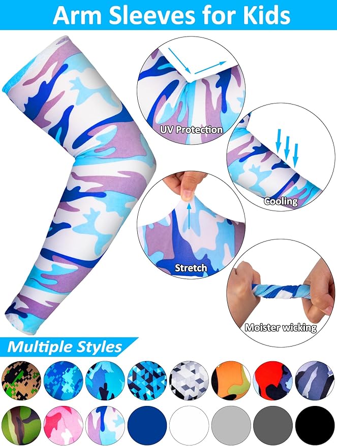 16 Pairs Sports Arm Sleeves for Kids Basketball Baseball Arm Sleeves UV Sun Protection Cooling Arm Cover Sleeve