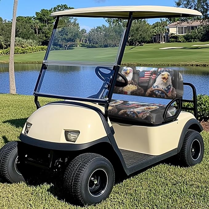 Yewatlles Universal Golf Cart Seat Cover Dress UP Golf Cart Durable Breathable Material Fit for Club Car, Easy to Install American Flag and Eagle Car