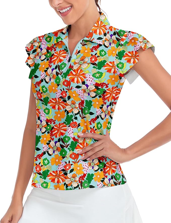 Soneven Womens Petal Sleeve Golf Shirts Moisture Wicking Lady Golf Apparel Print Tennis Sport T Shirt