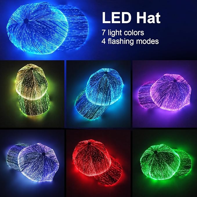 Ruconla Fiber optic cap LED hat with 7 colors luminous glowing EDC baseball hats USB Charging light up caps led crazy cap