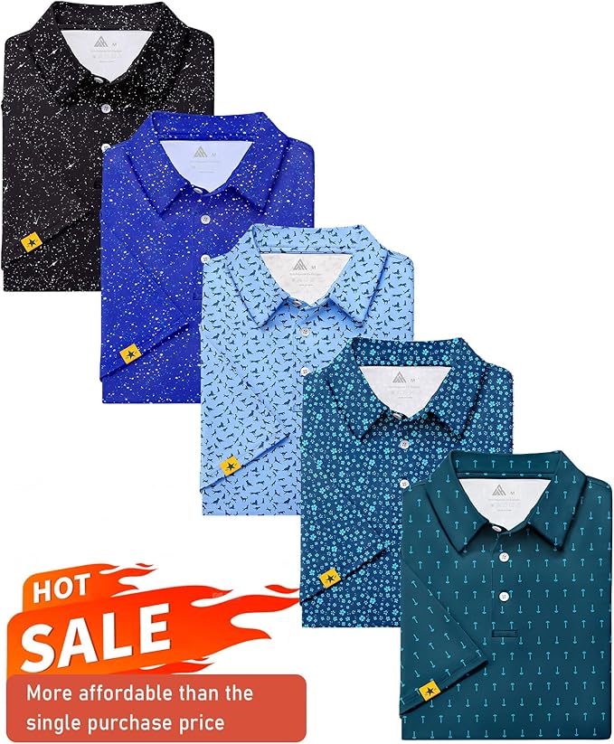 ZITY 5 Pack Mens Golf Shirt Short Sleeve UPF 50+ Moisture Wicking Performance Print Patterns Casual Golf Polo Shirts for Men