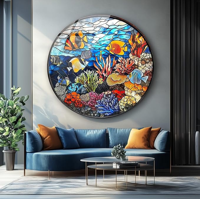 My Photostation.com 31.5'' Diameter Coral Reef Mosaic Round Glass Wall Art - Image 3