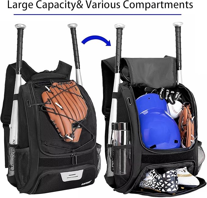 DAFISKY Baseball Bag Softball Backpack - Youth Adult T Ball Bat Equipment Bag with Bat Helmet Holders, Shoe Compartment
