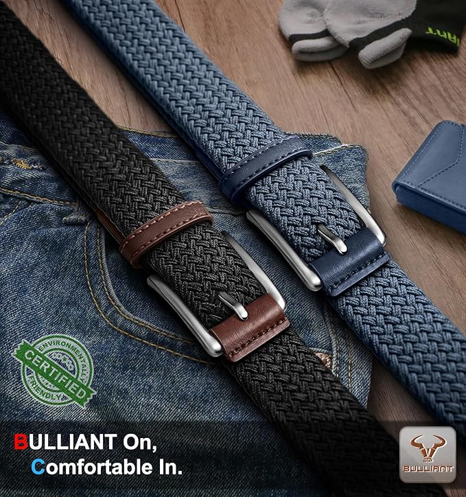 BULLIANT Belt for Men 2Pack,Mens Gift Stretch Braided Web Belt Elastic for Casual Golf Jeans,1 3/8"