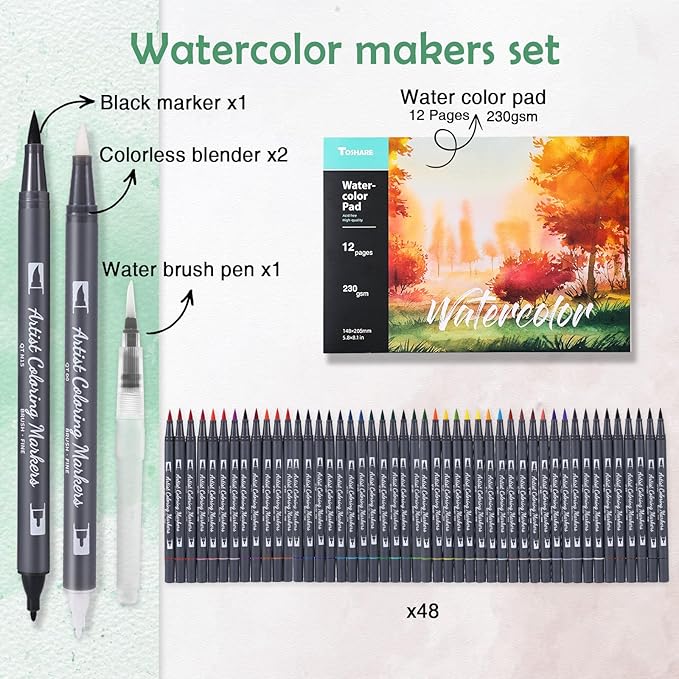 Watercolor Pens Set, 48-Color Dual Tip Paint Markers, Water-Based Coloring - Image 5