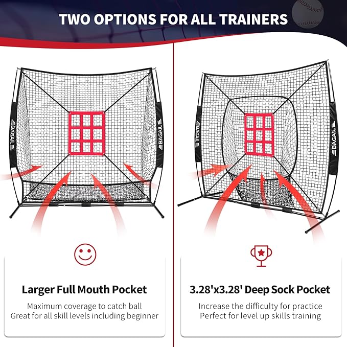 BAGAIL 7x7 ft Baseball & Softball Practice Net with Bow Frame for Batting, Hitting, Pitching, Portable Baseball Throwing Net with Strike Zone, Carry Bag, Baseball Training Aid for All Levels