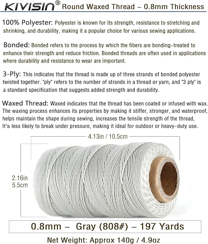 Bonded 0.8mm Round Waxed Polyester Cord, 3-ply Wax Coated Thread, 197 Yards - Image 2