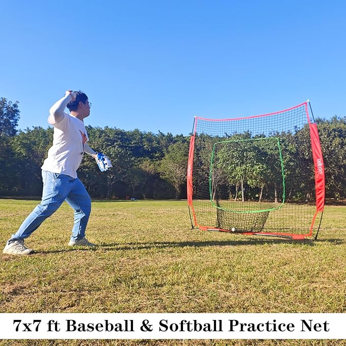 7×7ft Baseball Softball Practice Net- Portable Baseball Net for Batting, Hitting, Pitching Come with Carry Bag, Training for Players of Any Skill Level - Easy Assembly