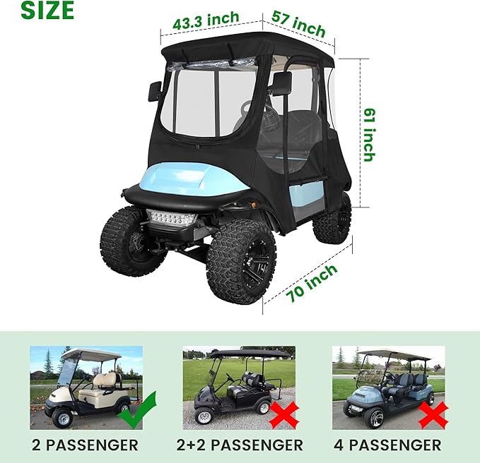 10L0L Deluxe 2 Passenger Golf Cart Enclosure for Club Car Precedent,Onward & Tempo Waterproof Windproof Portable Transparent Golf Cart Rain Enclosures Storage Cover - 57" Roof Fit