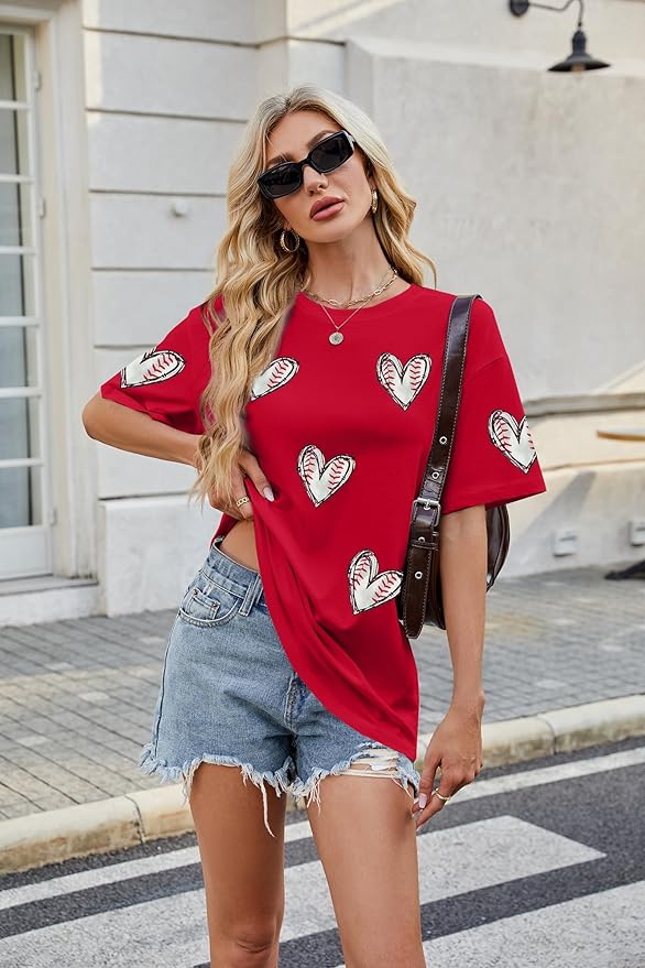 MOUSYA Baseball Shirts Women Oversized Baseball Mom Tshirt Baseball Heart Graphic Tee