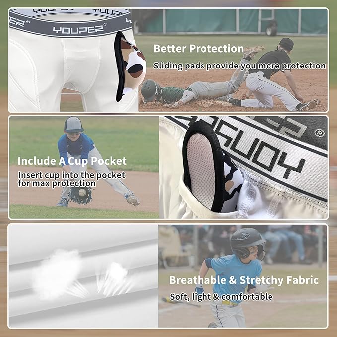 Youper Boys Youth Padded Sliding Shorts with Soft Protective Athletic Cup for Baseball, Football, Lacrosse