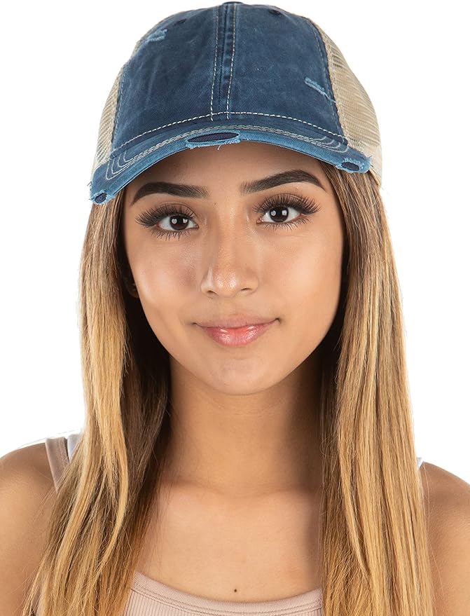 Funky Junque Trucker Hat for Women – Distressed Low Profile Western Camo Baseball Cap with Mesh, Trendy and Adjustable Fit