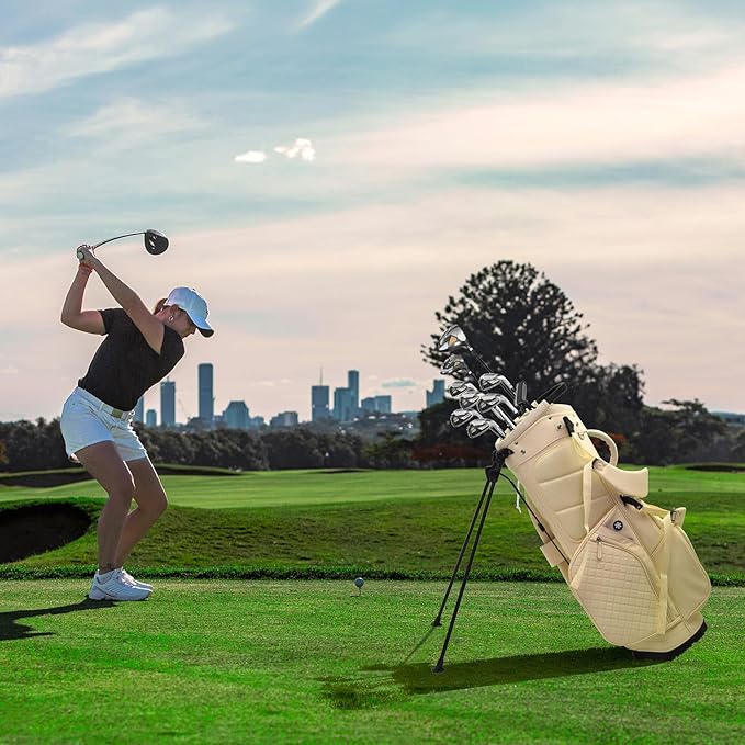 Luxury Womens Golf Bag, PU Leather Golf Stand Bag for Women/Ladies, 14-Way Full-Length Top Dividers, Ultra Lightweight, Large Pockets for Accessories