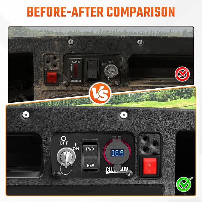EZGO Key Switch Plate with Forward Reverse Switch, DC 9V-48V 3.1A Fast Charge Dual USB Charger, LED Digital Voltmeter, Fit Electric EZGO TXT, Medalist, PDS Golf Carts((Black/Red))
