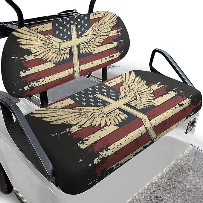 Yewatlles American Flag Cross Pattern Golf Cart Seat Covers, Personalized Golf Cart Seat Cover Keeps Seat Cool and Clean, Fits in 2-Seat Golf Carts