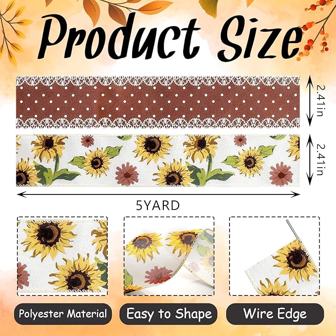 2 Rolls 10 Yard Thanksgiving Fall Wired Ribbon - Image 2