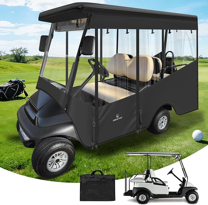 Golf Cart Enclosures 4 Passenger,Golf Cart Cover for Club Car Precedent Long Roof 2+2 Seater,Waterproof 600D Driving Rain Cover,Roll Up 4-Sided Clear Windows&Door,Club Car Golf Cart Cover Accessories
