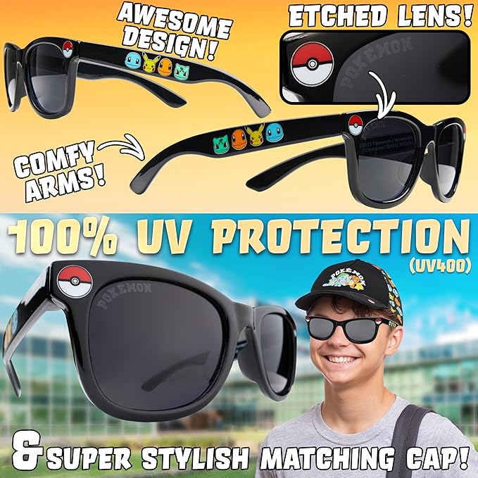 Get Trend Pokemon | Minecraft | Fortnite | Super Mario Kids Baseball Cap, Sunglasses Set UV Protection, Gamer Gifts for Boys