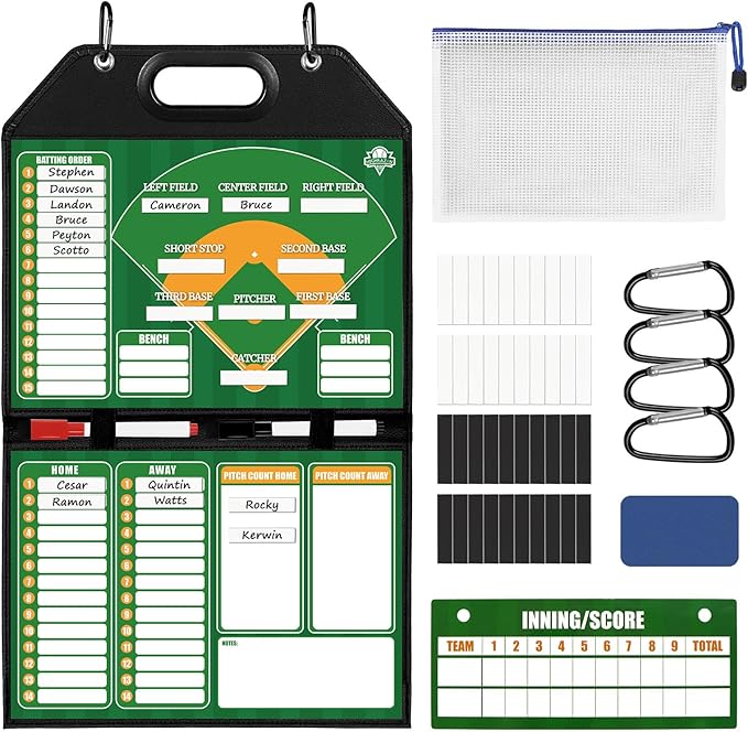 Magnetic Baseball Lineup Board for Dugout | Leather Cover, Foldable Coaching Board for Baseball & Softball with Carry Handle, Includes 40 Lineup Cards,Scoreboard, 2 Markers, Eraser, 4 Carabiners & Bag