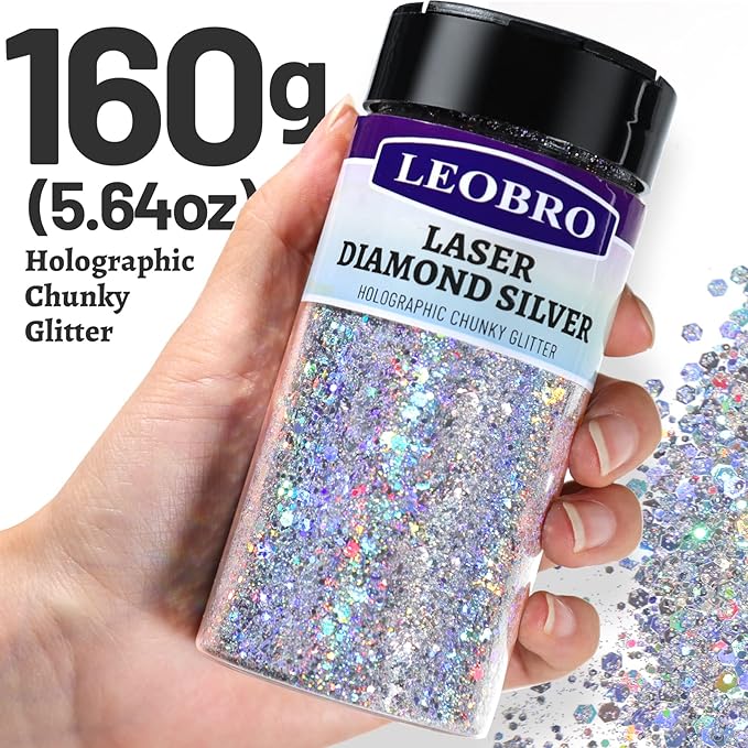 LEOBRO Silver Glitter, 160G/5.64OZ Holographic Chunky Glitter - Image 2