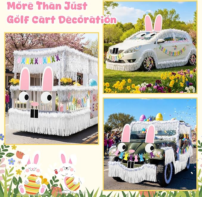 Moucuny 12 Pcs Easter Bunny Golf Cart Decoration Kit 1 Set Giant Felt Rabbit Model 3 Silver Thread Felt Strip 2 Curved Rain Curtain 2 White Felts Strip 2 Easter Bunny Banners for Golf Cart Accessories