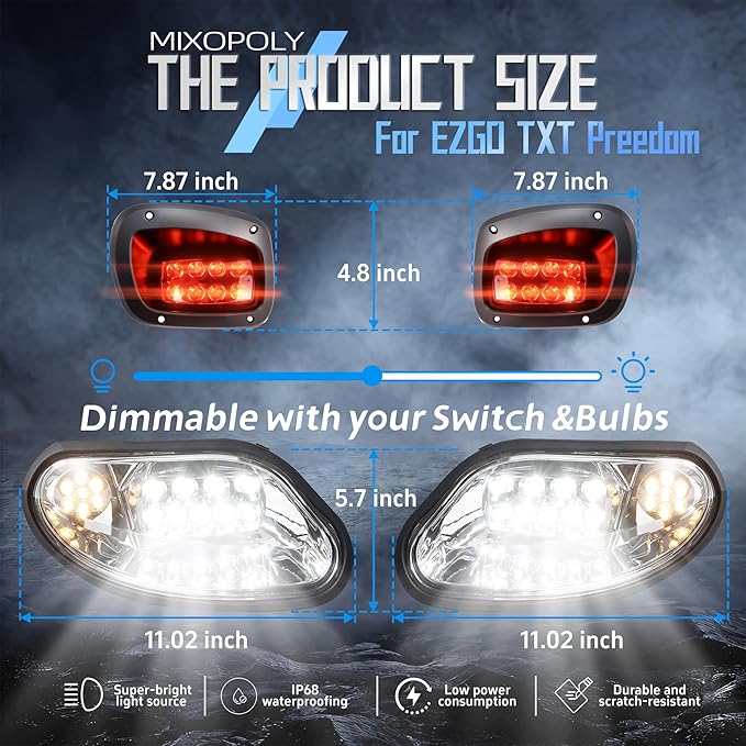 Golf Cart Light Kit for EZGO Freedom TXT/T48 Gas & Electric 2014-up, 12V Street Legal Full Headlight Tail Light Kit with Turn Signal Switch, Horn Button, Hazard Flasher and Brake Pad