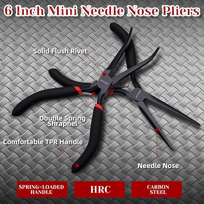 WISEUP 6" Mini Needle Nose Pliers Set，2-Piece Small Long Reach Bent Needle Nose - Image 7