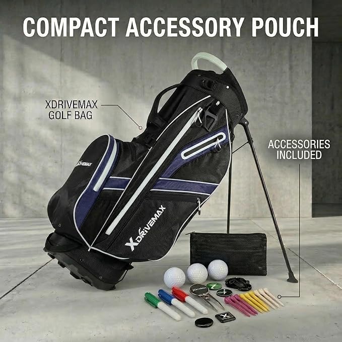 XDriveMax Golf Stand Bag with Accessory Pack, Lightweight 8-Way Top Dividers Golf Bag with Stand, Includes Insulated Cooler Pocket, Dual Strap & Rain Cover