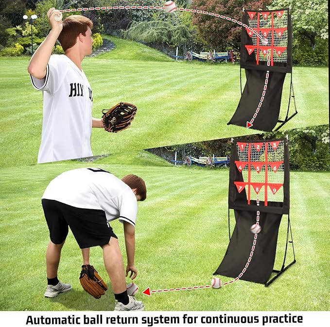 Storgem 9 Hole Pitching Net with Strike Zone, Baseball Softball Pitching Target Net with Automatic Ball Return, Portable Pitcher Training Equipment Height Adjustable, Carry Bag