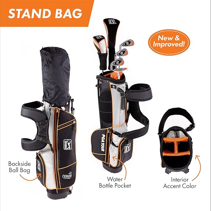 PGA Tour Youth Golf Club Set for Ages 5-15+ (3’5”-5’10”), Right and Left-Handed Kids Golf Sets – Beginner Junior Golf Clubs with Lightweight Stand Bag, Mallet Putter, Hybrid, Driver